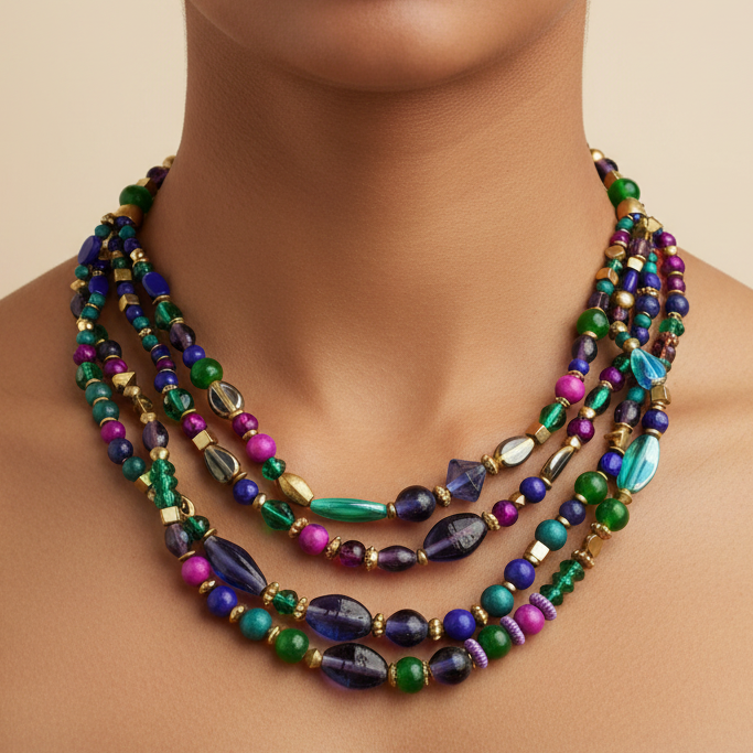 Purple & Green Stone Beaded Layered Statement Necklace