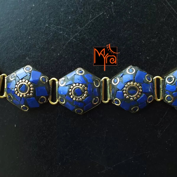 Tibetan Stone Studded Hexagon Bracelet : Blue