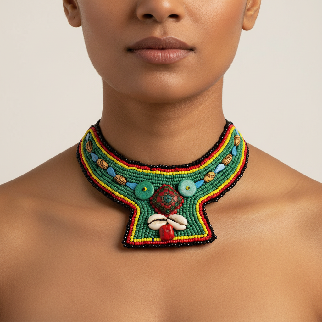 African-Inspired Woven Beaded Necklace with Cowrie Shells