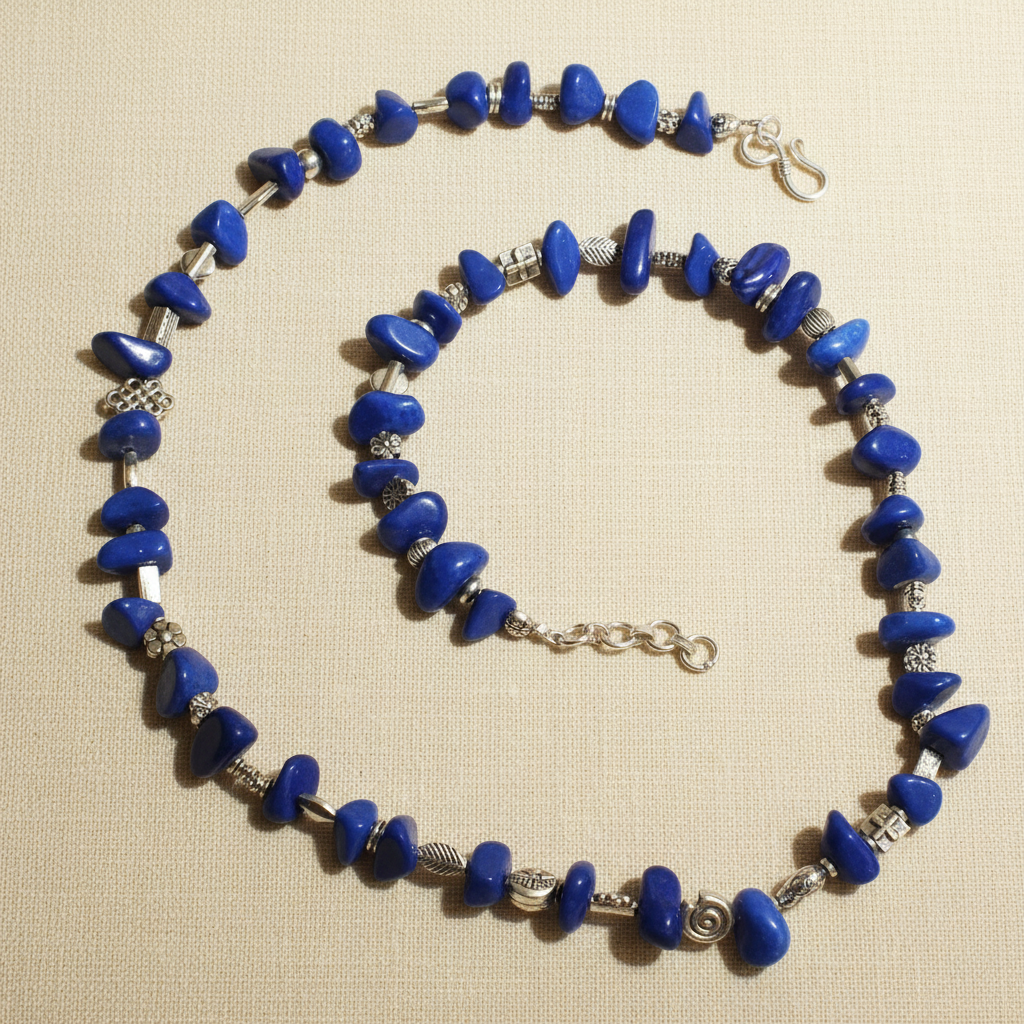 Royal Blue Onyx-Inspired Stone & Metal Charms Statement Necklace