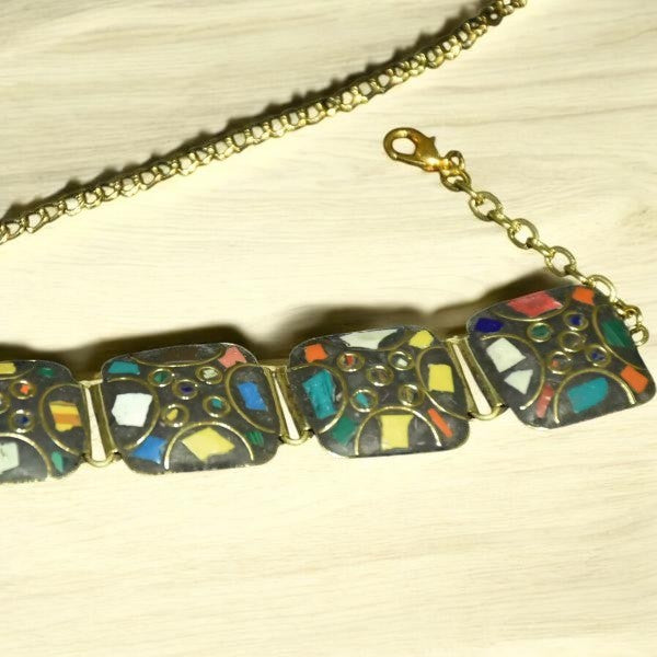 Square Pattern Tibetan Stone Choker : Multicolor