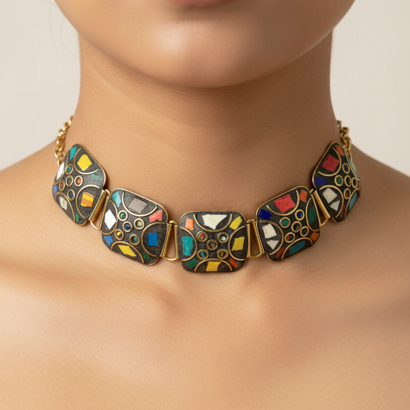 Square Pattern Tibetan Stone Choker : Multicolor