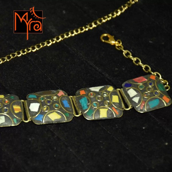 Square Pattern Tibetan Stone Choker : Multicolor