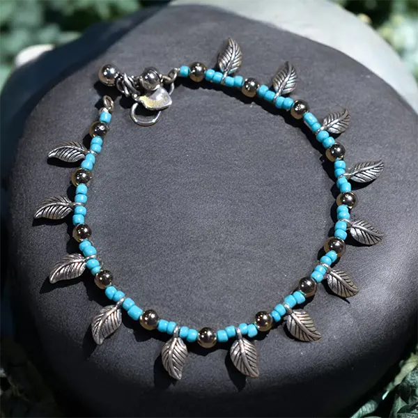Charm & Bead Anklet : Turquoise Leaves