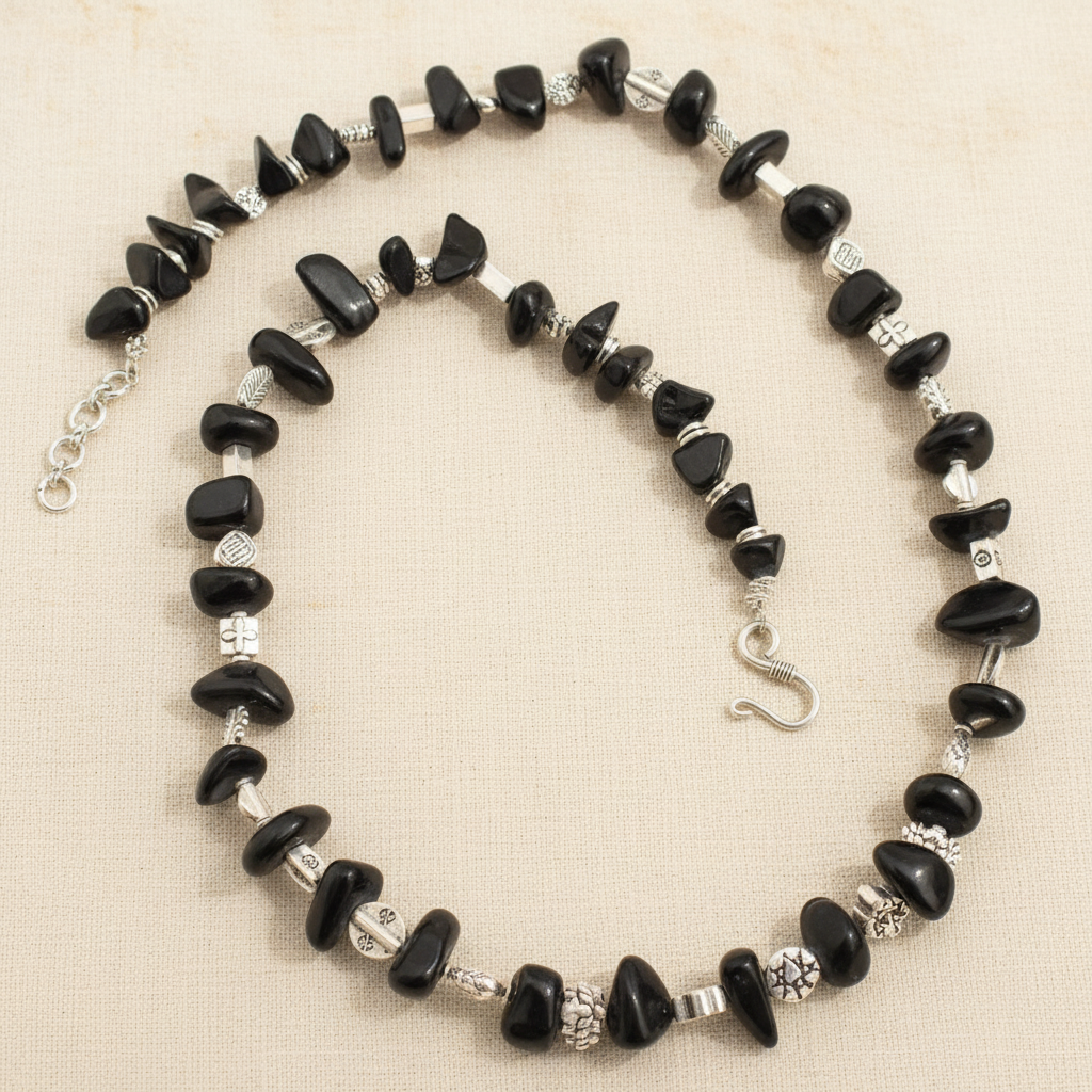 Black Onyx-Inspired Stone & Metal Charms Statement Necklace
