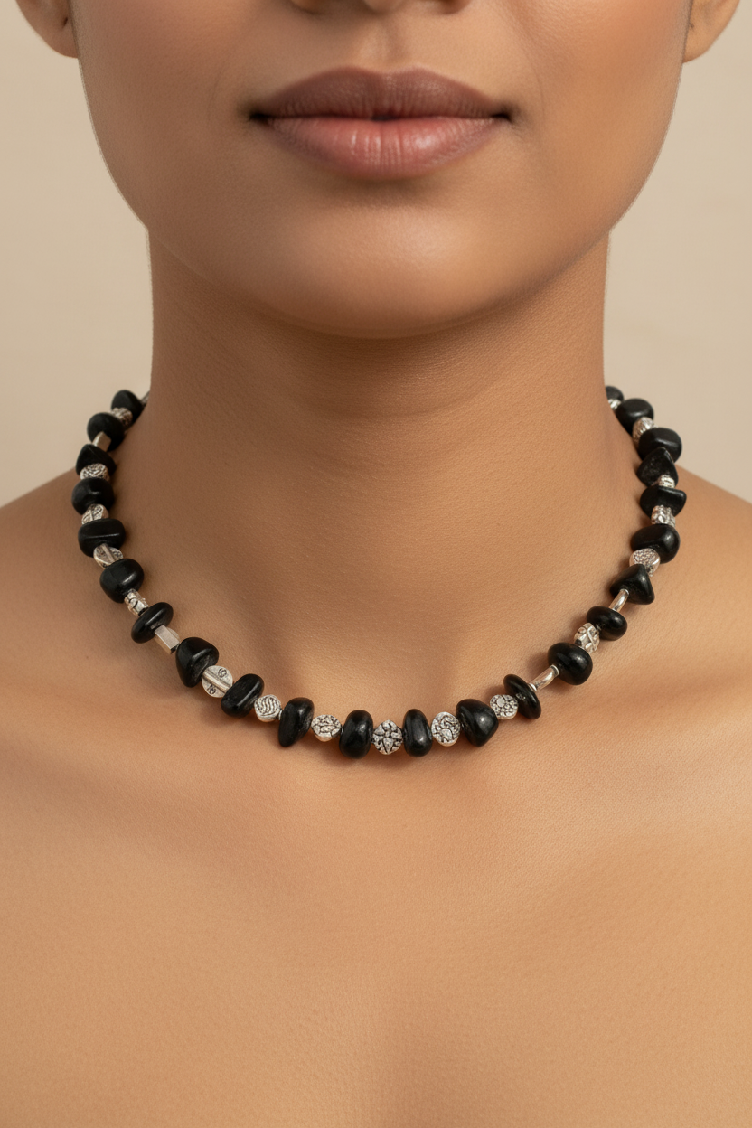 Black Onyx-Inspired Stone & Metal Charms Statement Necklace