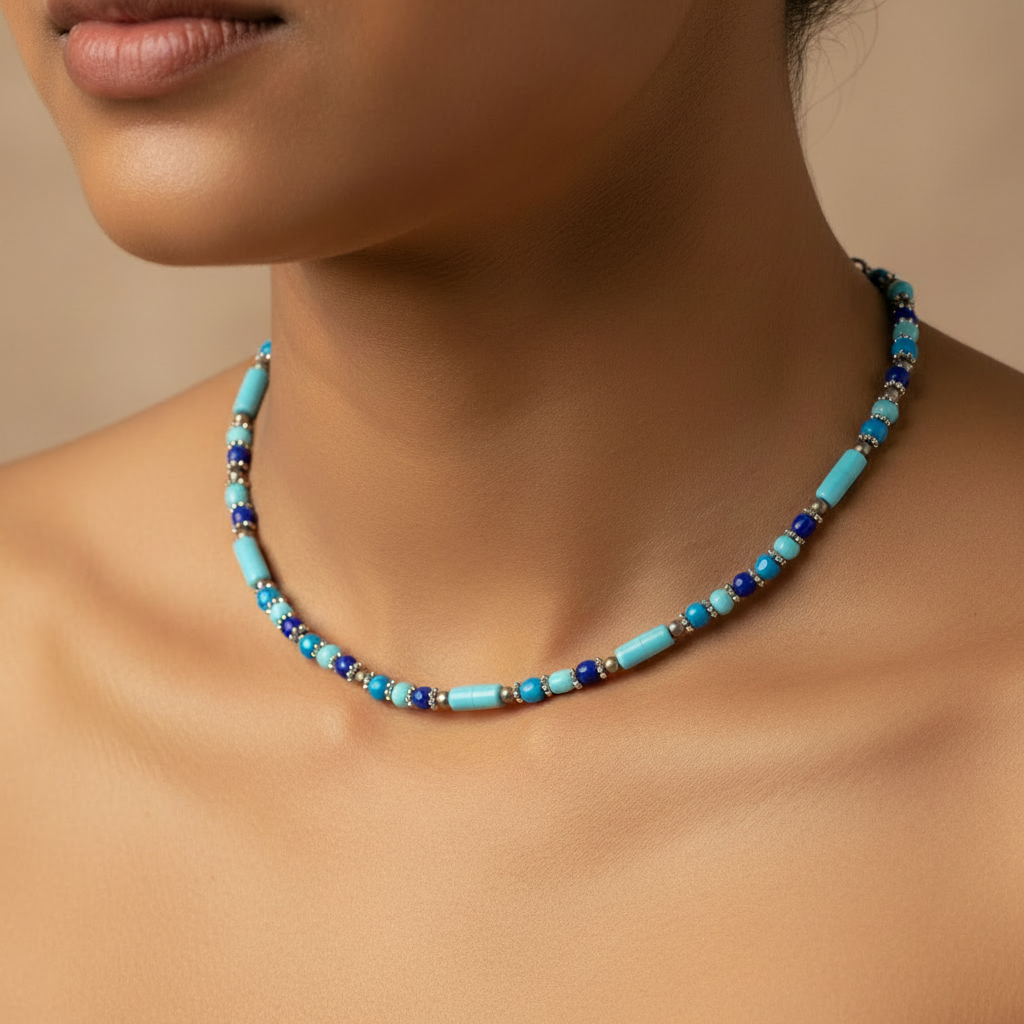 Minimalist Bead and Metal Pieces Necklace : Light Blue, Navy Blue