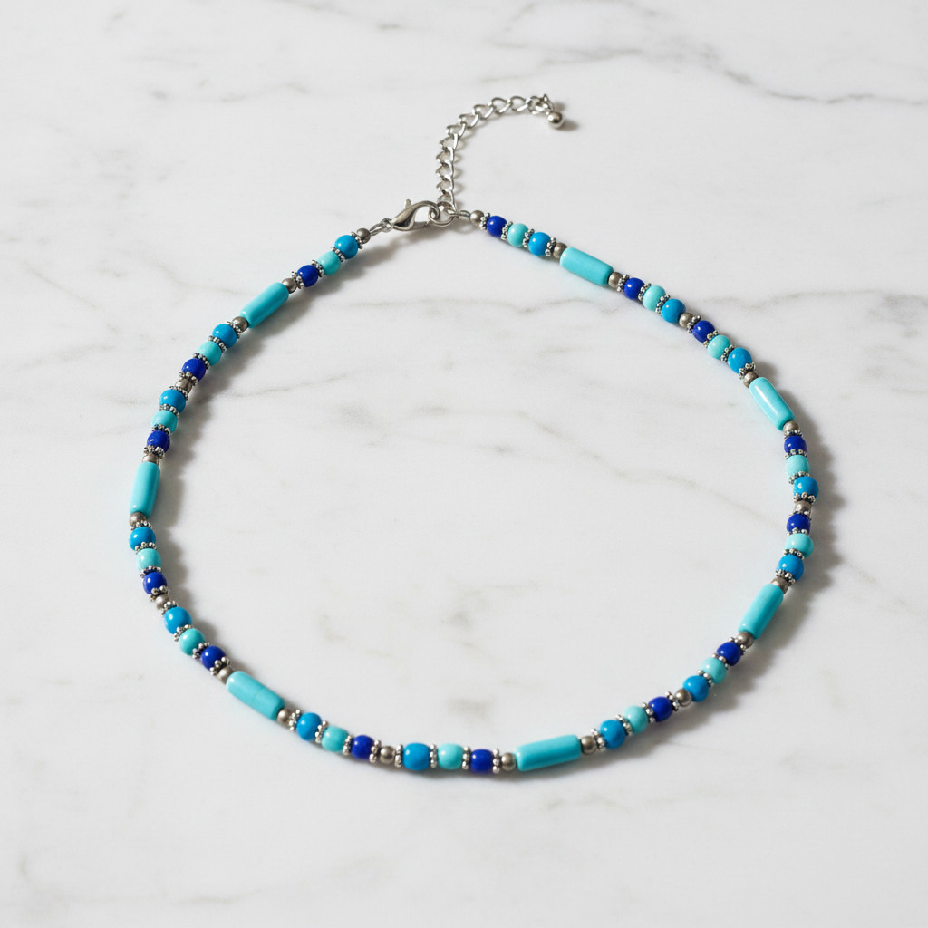 Minimalist Bead and Metal Pieces Necklace : Light Blue, Navy Blue