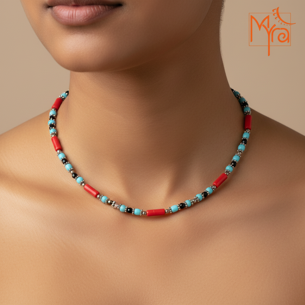 Minimalist Beaded Statement Necklace with Metal Accents (Light Blue & Red)