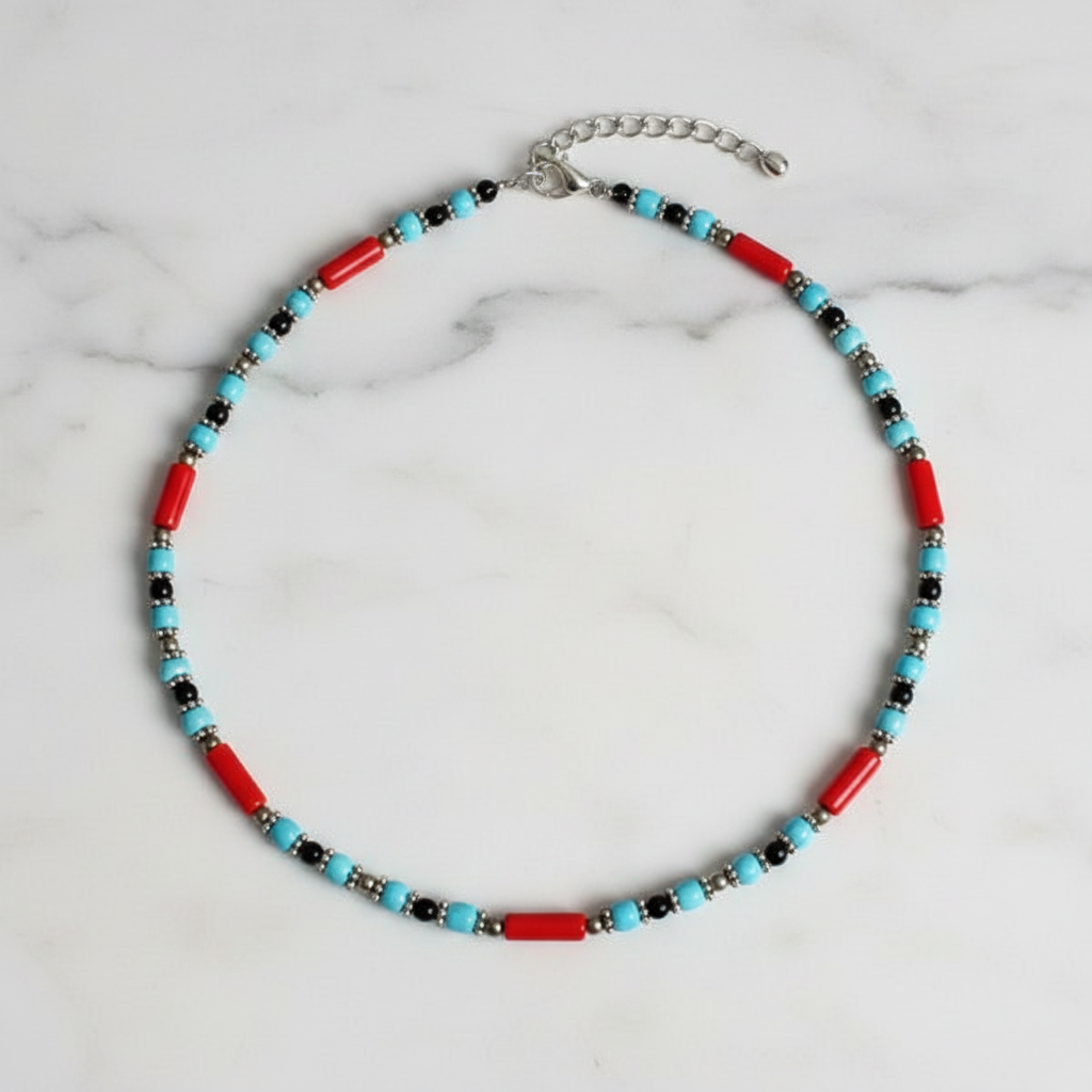 Minimalist Beaded Statement Necklace with Metal Accents (Light Blue & Red)