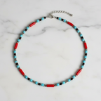 Minimalist Beaded Statement Necklace with Metal Accents (Light Blue & Red)