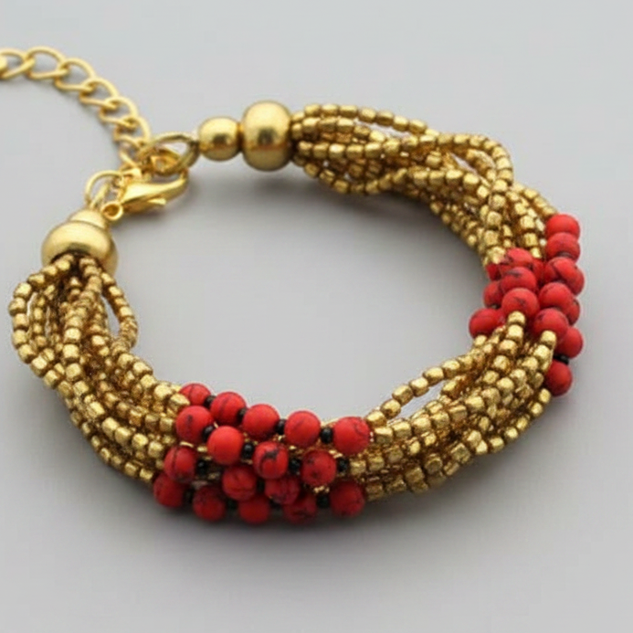 Bunch of Brass and Stone Bracelet : Red