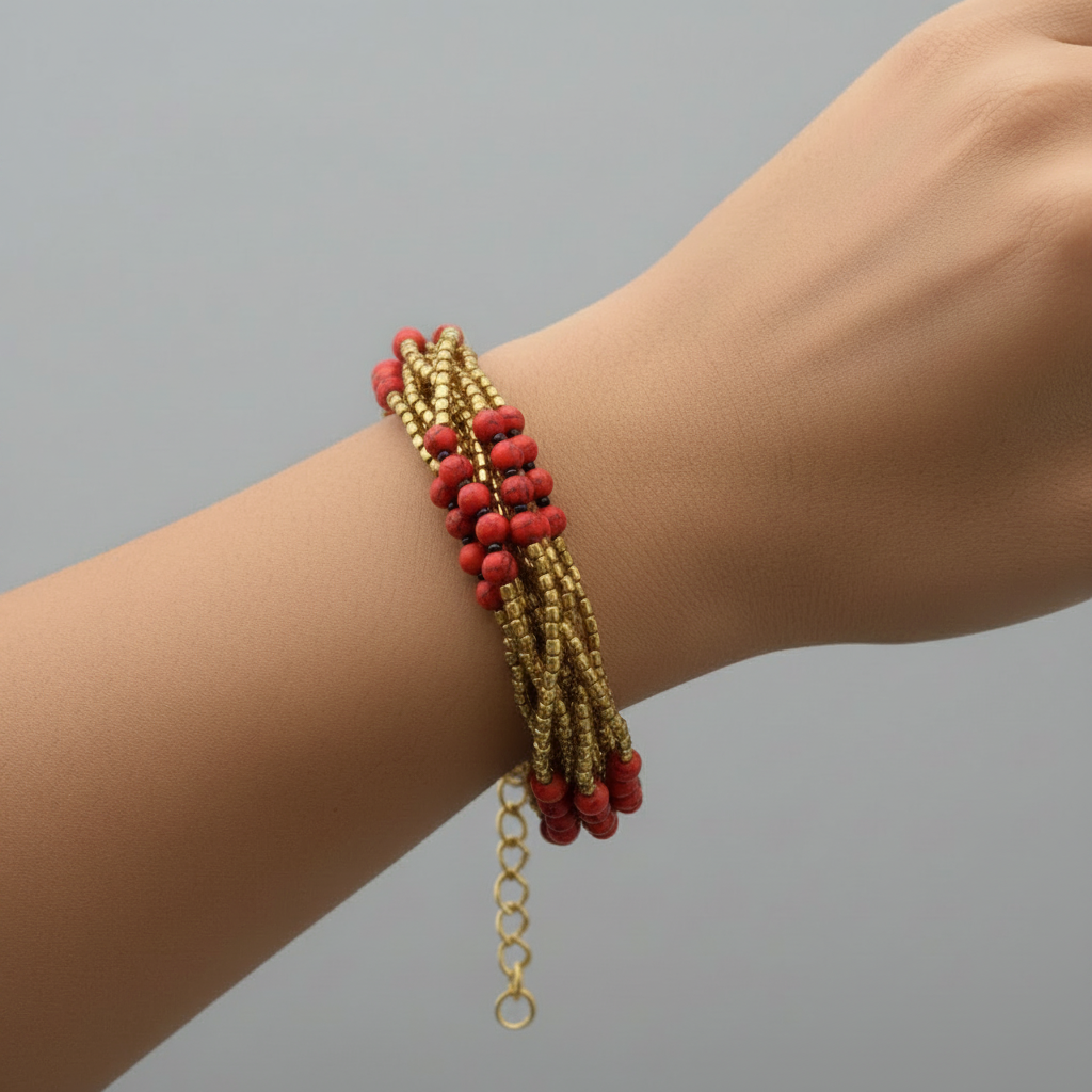 Bunch of Brass and Stone Bracelet : Red