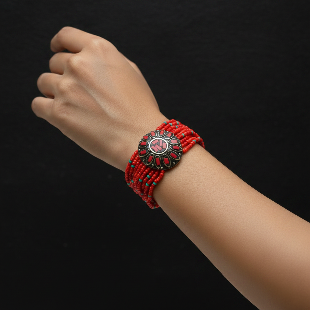 Tibetan Stonework Beaded Bracelet : Red (Round)