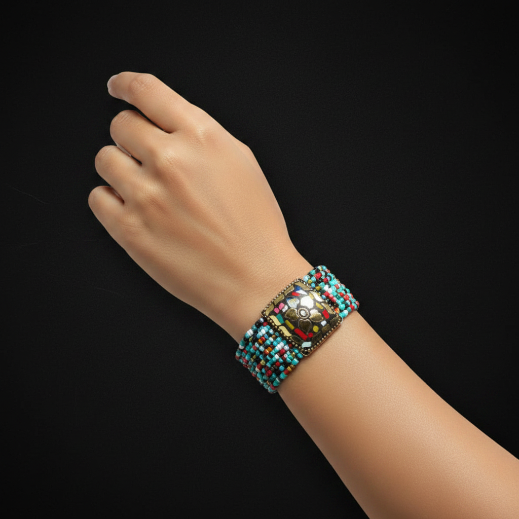 Tibetan Stonework Beaded Bracelet : Multicolor (Square)