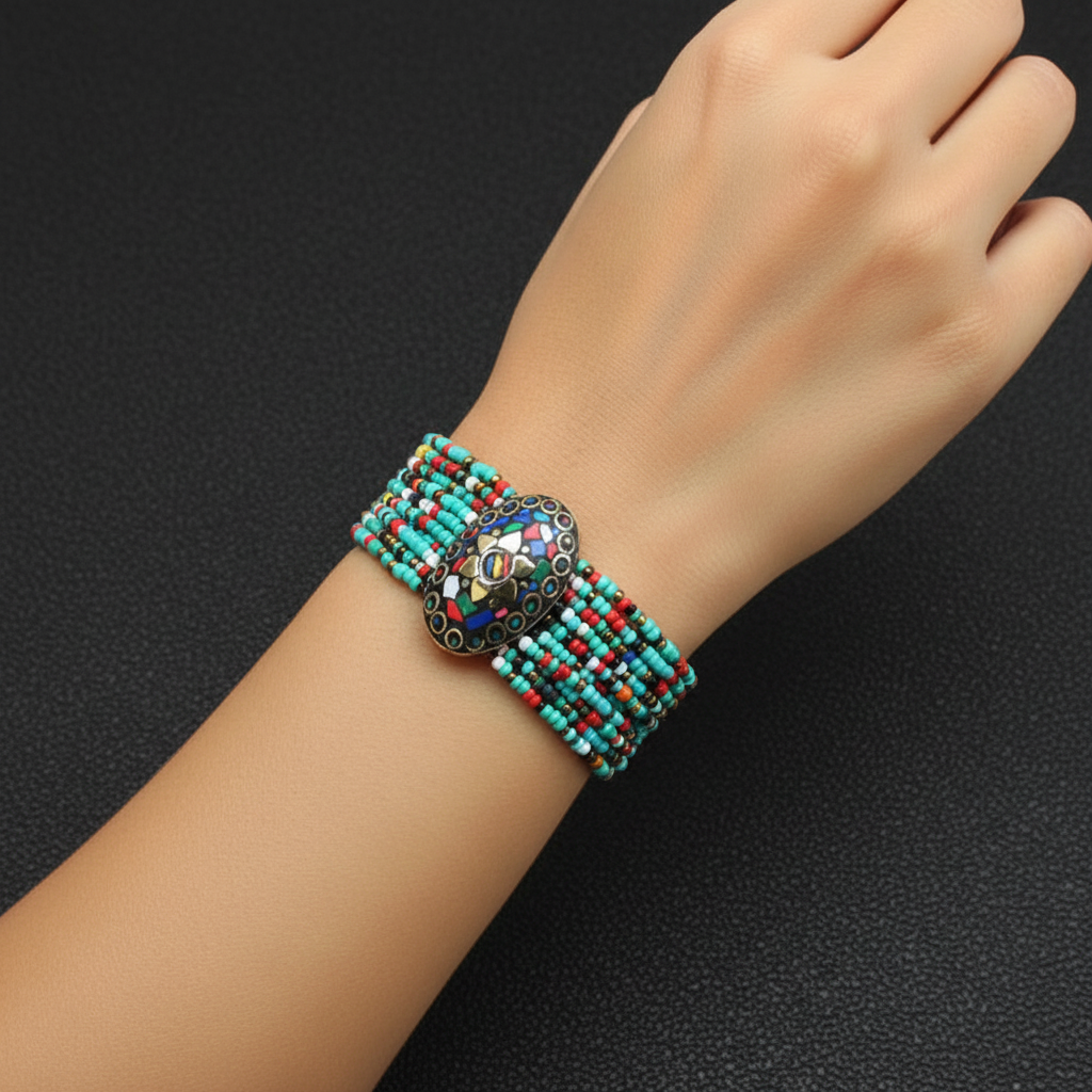 Tibetan Stonework Beaded Bracelet : Multicolor (Oval)