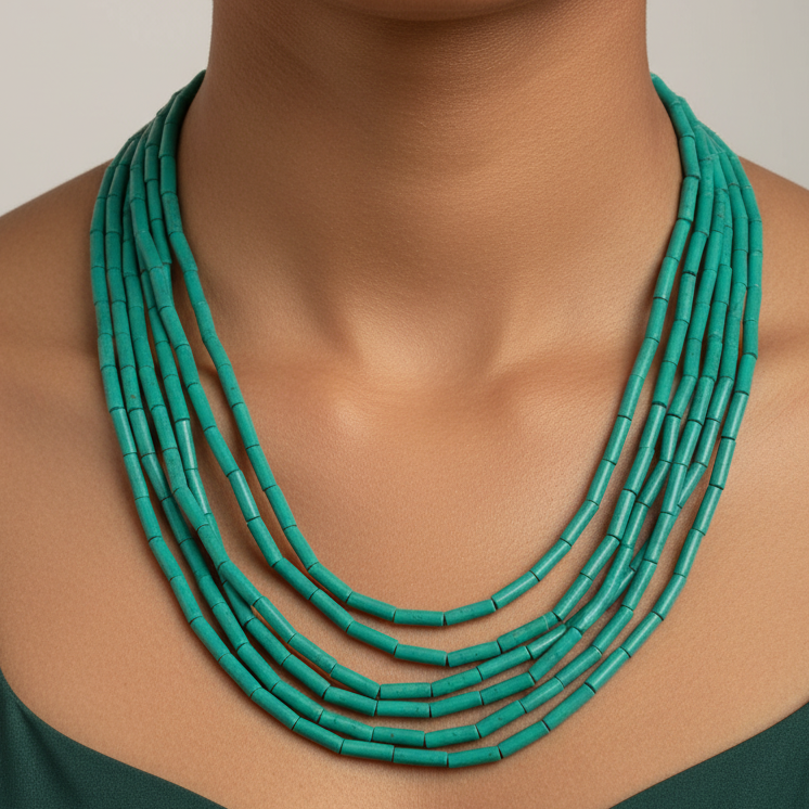 Layered Pipe Beaded Statement Necklace (Sea Green)