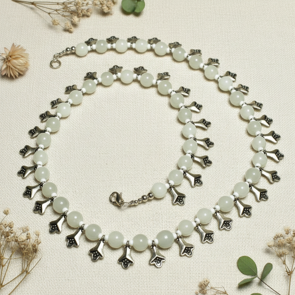 White Beaded Necklace with Tulip Charm