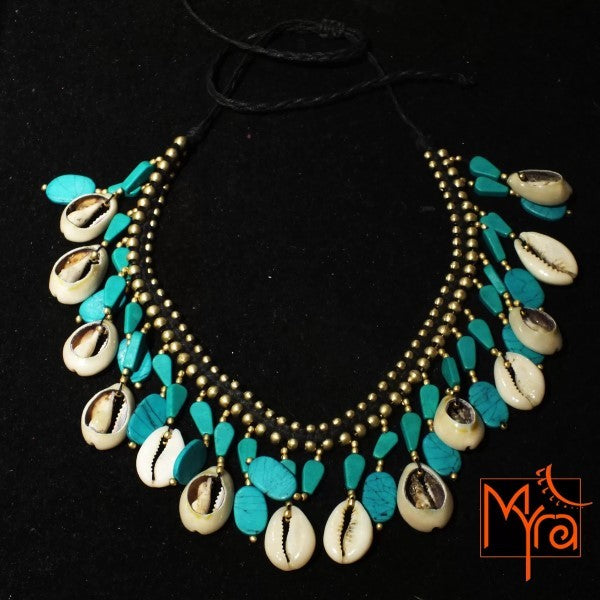 Cowrie Shell Beads with Turquoise Stones Necklace
