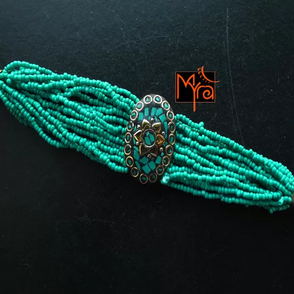 Tibetan Stonework Beaded Bracelet : Turquoise (Oval)