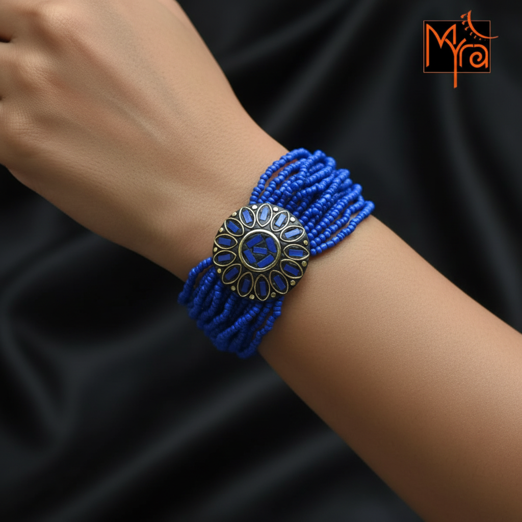 Tibetan Stonework Beaded Bracelet : Navy Blue