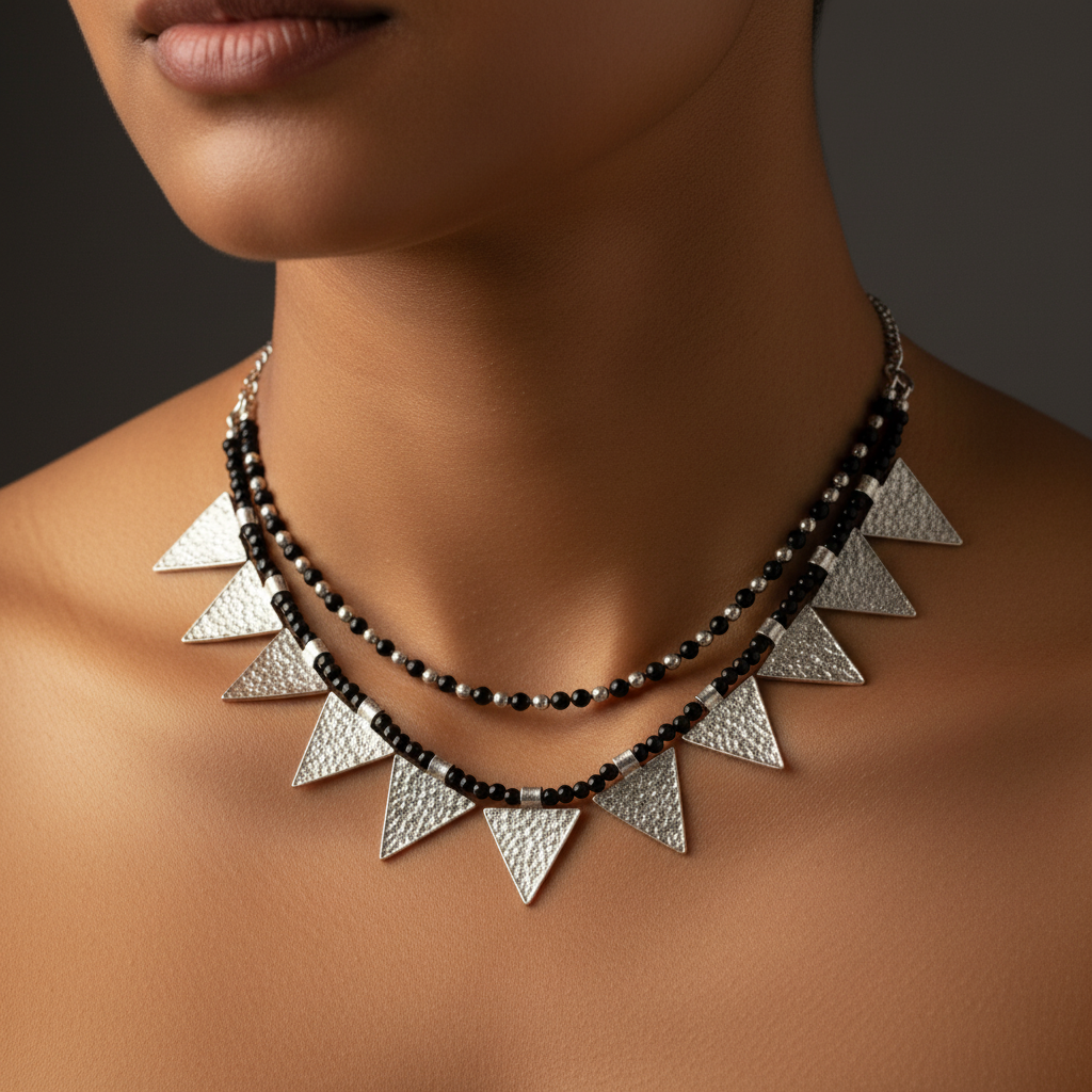 Triangle Charm Two Layer Necklace : Black