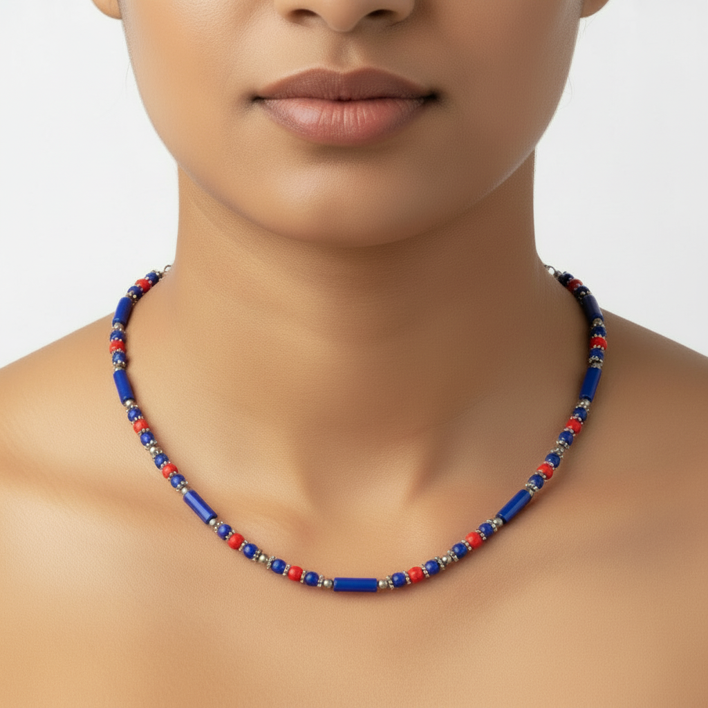 Minimalist Beaded Statement Necklace with Metal Accents (Navy Blue & Red)