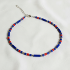 Minimalist Beaded Statement Necklace with Metal Accents (Navy Blue & Red)
