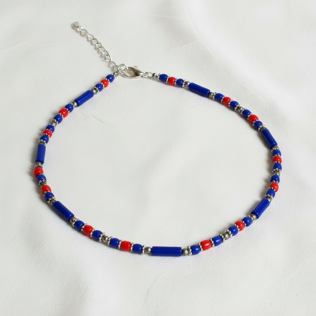 Minimalist Beaded Statement Necklace with Metal Accents (Navy Blue & Red)