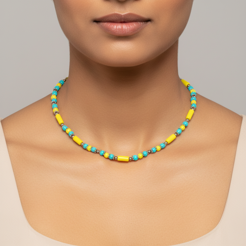 Minimalist Beaded Statement Necklace with Metal Accents (Yellow & Turquoise)