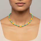 Minimalist Beaded Statement Necklace with Metal Accents (Yellow & Turquoise)