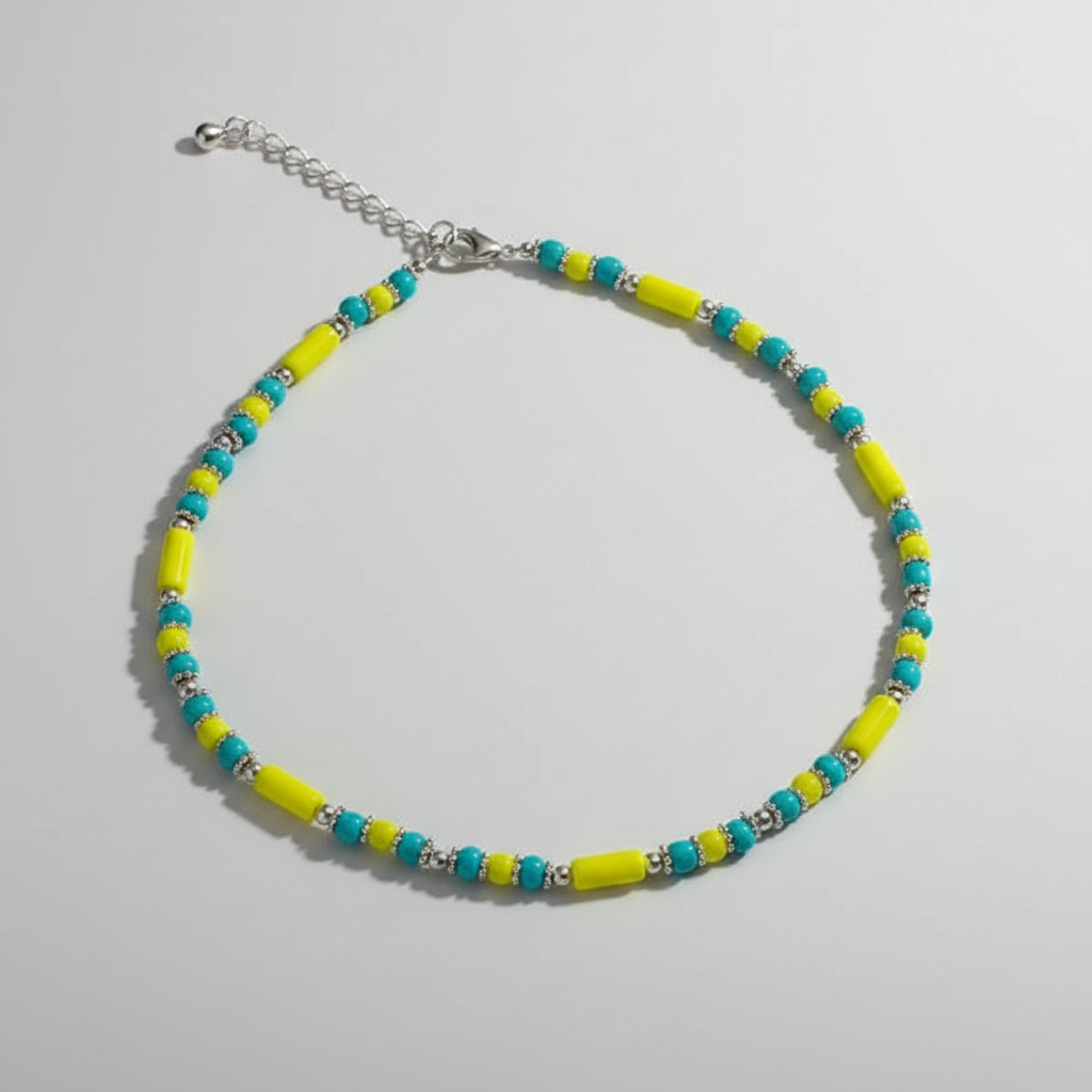 Minimalist Beaded Statement Necklace with Metal Accents (Yellow & Turquoise)