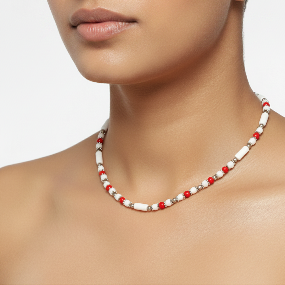 Minimalist Beaded Statement Necklace with Metal Accents (White & Red)