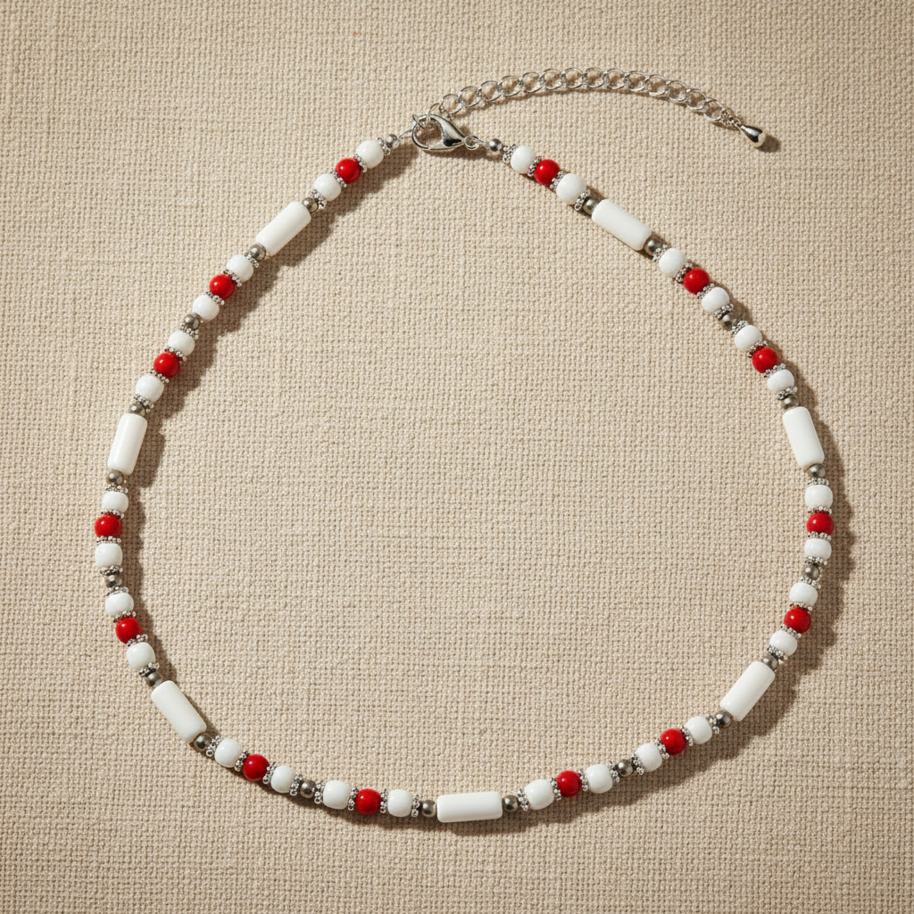 Minimalist Beaded Statement Necklace with Metal Accents (White & Red)