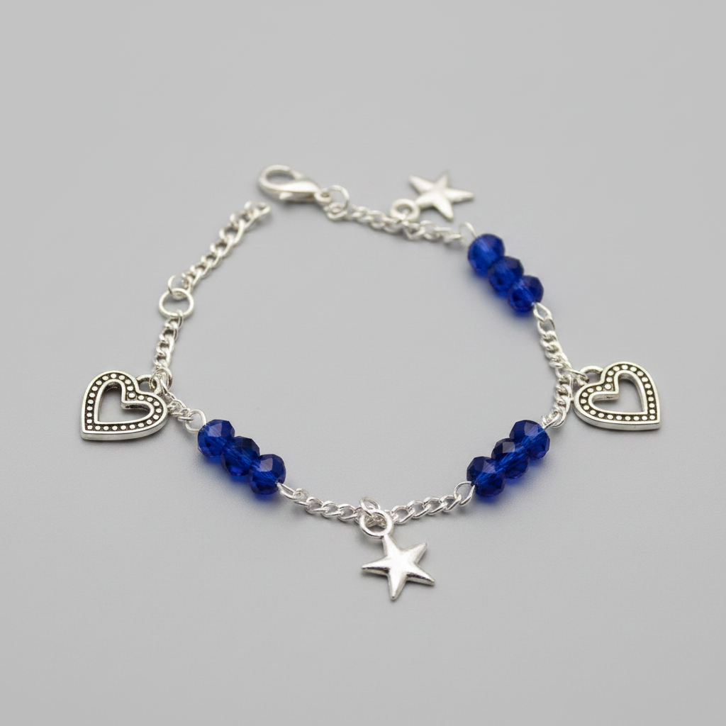 Navy Blue Crystal Bracelet with Star & Heart Charms