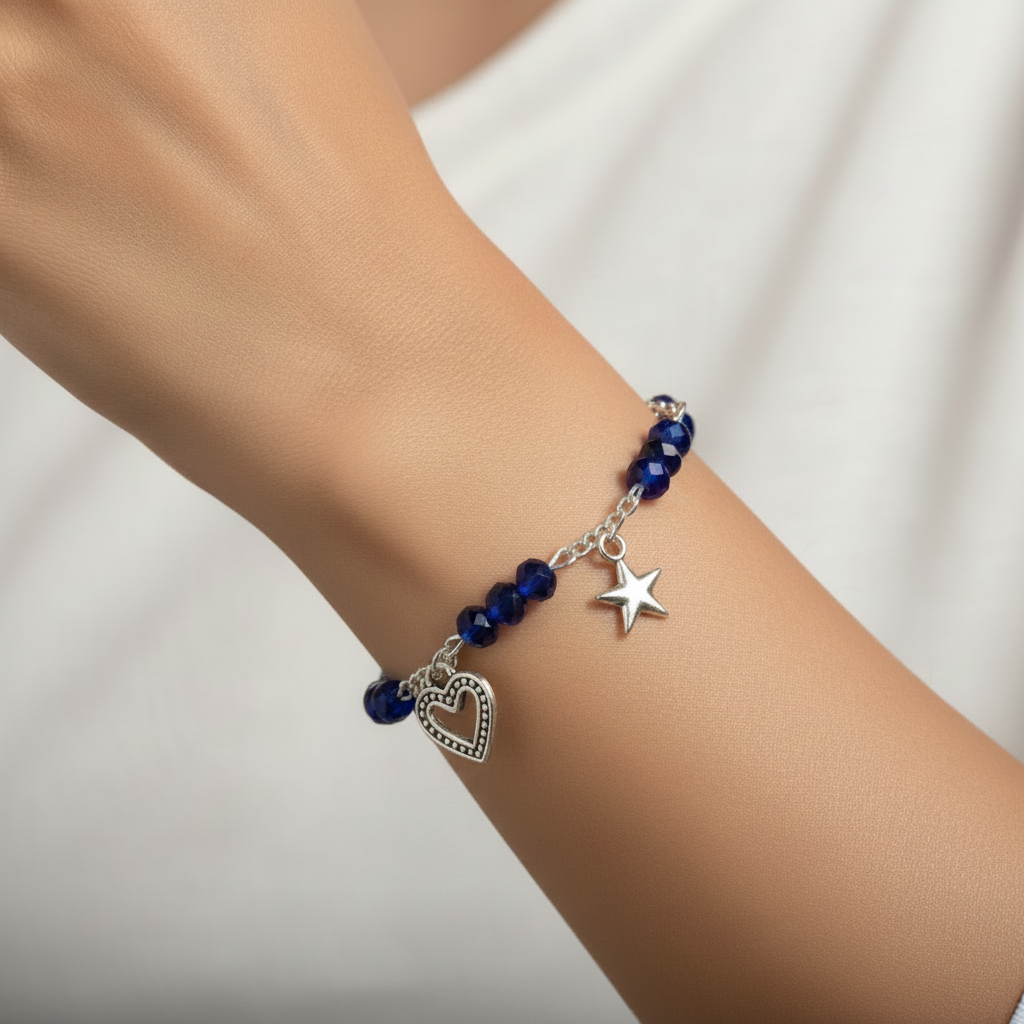 Navy Blue Crystal Bracelet with Star & Heart Charms