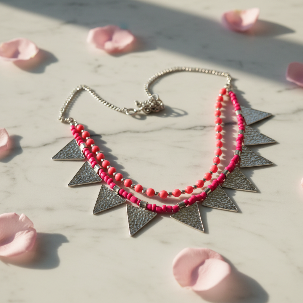 Triangle Charm Two Layer Necklace : Pink