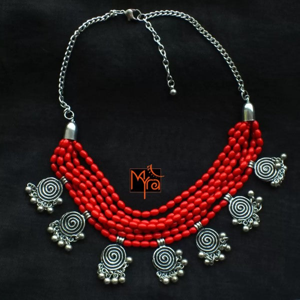 Six Layer Beaded Necklace with Hanging Charms : Red