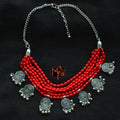 Six Layer Beaded Necklace with Hanging Charms : Red