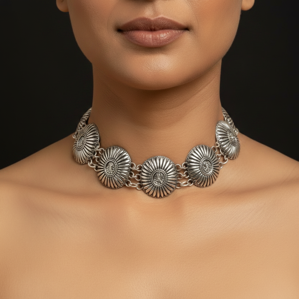Oval Shaped Flower Petal Pattern Choker : Silver