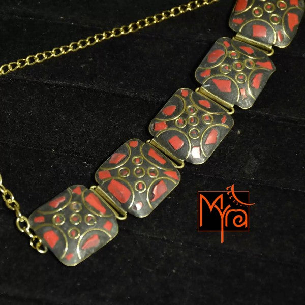 Square Pattern Tibetan Stone Choker : Red