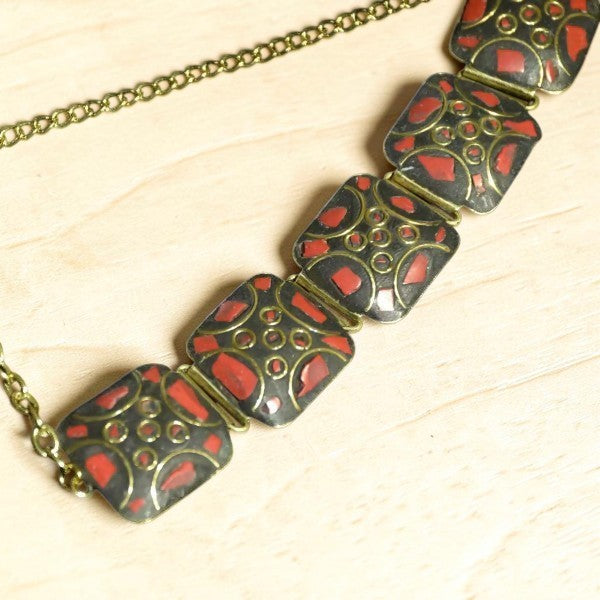 Square Pattern Tibetan Stone Choker : Red