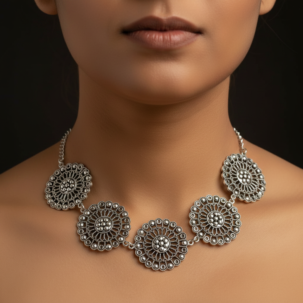 Heavy Metal Flower Pattern Choker : Silver