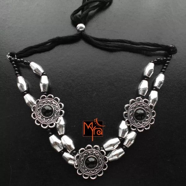 Flower Charm and Metal Beaded Choker : Silver