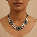Flower Charm and Metal Beaded Choker : Silver