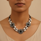 Flower Charm and Metal Beaded Choker : Silver