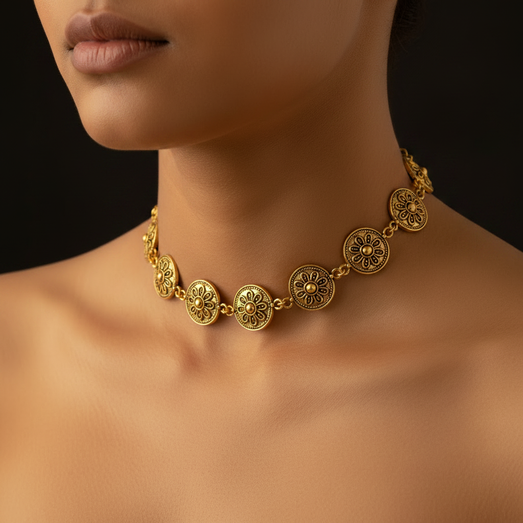 Flower on Guinea Shaped Choker : Golden