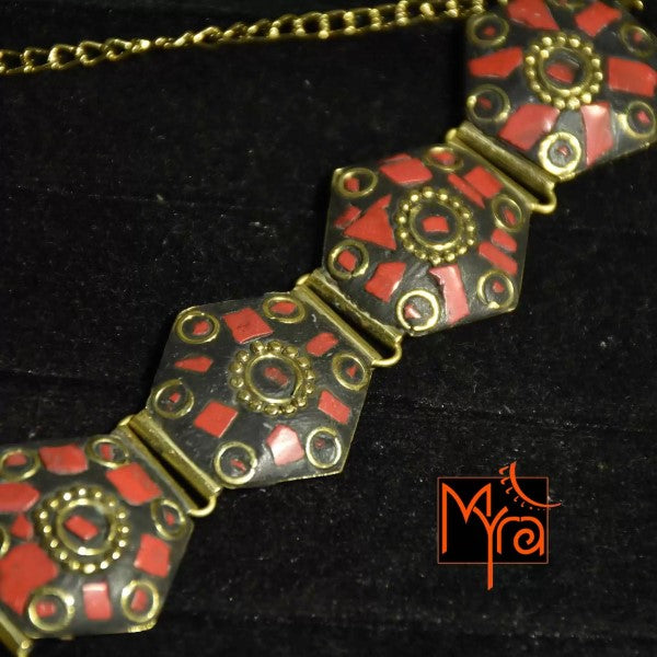 Hexagon Pattern Tibetan Stone Choker : Red
