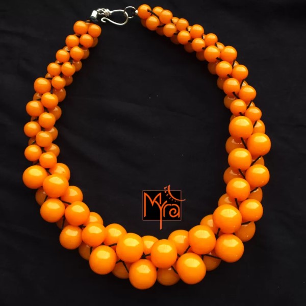 Bunch of Beads & Woven Necklace : Orangeish Yellow