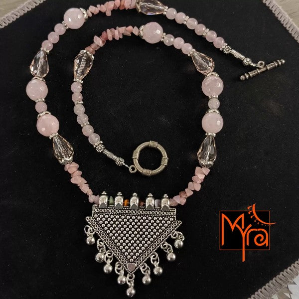 Rose Quartz copy Stone Necklace with Triangle Pendant